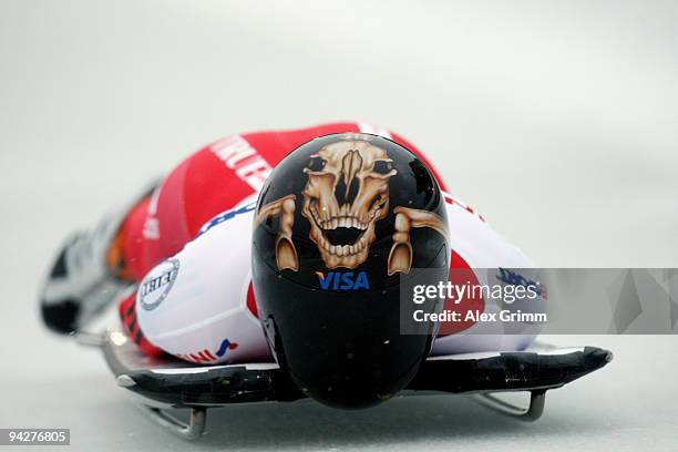 Melissa Hollingsworth of Canada competes in the skeleton competition during the FIBT Bob & Skeleton World Cup at the bob run on December 11, 2009 in...