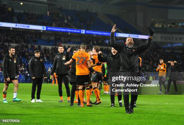 Wolverhampton Wanderers manager Nuno applauds the fans at the final whistle during the Sky Bet Championship match between Cardiff City and...