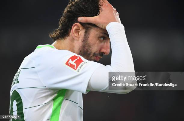 Ishak Belfodil of Bremen reacts during the Bundesliga match between Hannover 96 and SV Werder Bremen at HDI-Arena on April 6, 2018 in Hanover,...