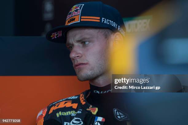 Brad Binder of South Africa and Red Bull KTM Ajo looks on in box during the MotoGp of Argentina - Free Practice on April 6, 2018 in Rio Hondo,...