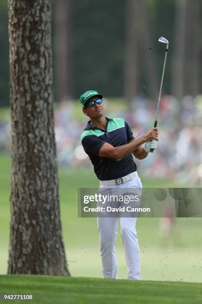 Rafael Cabrera-Bello of Spain plays his second shot on the 17th hole during the second round of the 2018 Masters Tournament at Augusta National Golf...