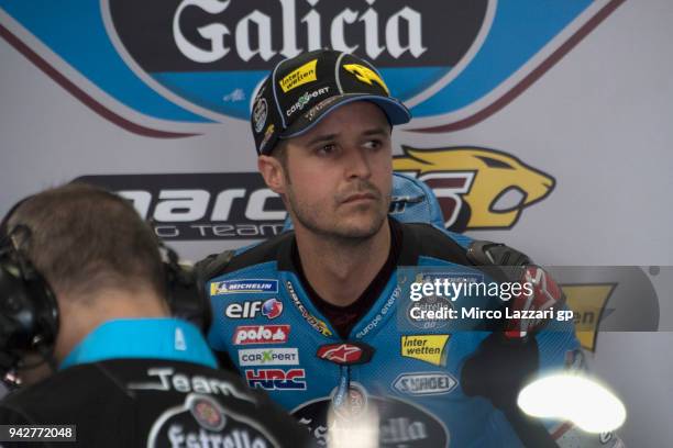 Tom Luthi of Switzerland and and Team EG 0,0 Marc VDS looks on in box during the MotoGp of Argentina - Free Practice on April 6, 2018 in Rio Hondo,...