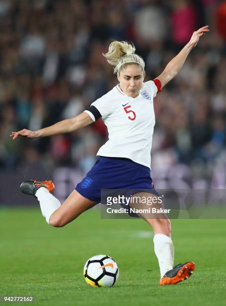 England Captain Steph Houghton in action during the Women's World Cup Qualifier between England and Wales at St Mary's Stadium on April 6, 2018 in...