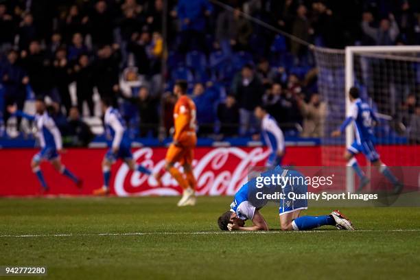 Fernando Navarro of Deportivo de La Coruna reacts after Adrian Lopez of Deportivo de La Coruna scores his team's third goal during the La Liga match...