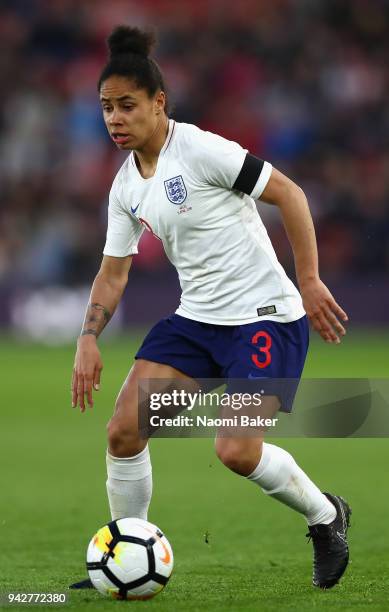 Demi Stokes of England in action during the Women's World Cup Qualifier between England and Wales at St Mary's Stadium on April 6, 2018 in...