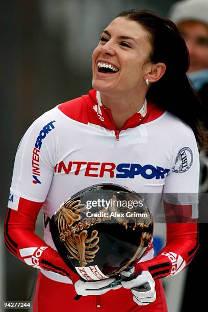 Melissa Hollingsworth reacts after finishing 2nd in the skeleton competition during the FIBT Bob & Skeleton World Cup at the bob run on December 11,...