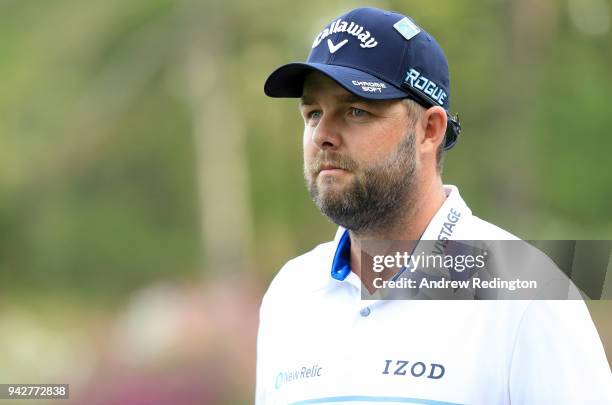 Marc Leishman of Australia looks on from the 14th hole during the second round of the 2018 Masters Tournament at Augusta National Golf Club on April...