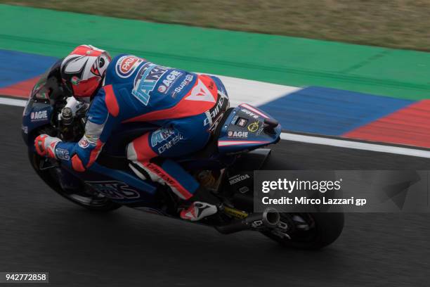 Mattia Pasini of Italy and Italtrans Racing heads down a straight during the MotoGp of Argentina - Free Practice on April 6, 2018 in Rio Hondo,...