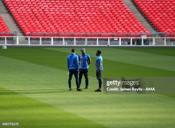 Ben Godfrey, Stefan Payne and Lenell John-Lewis of Shrewsbury Town during a tour of Wembley prior to the EFL Checkatrade Trophy final at Wembley...