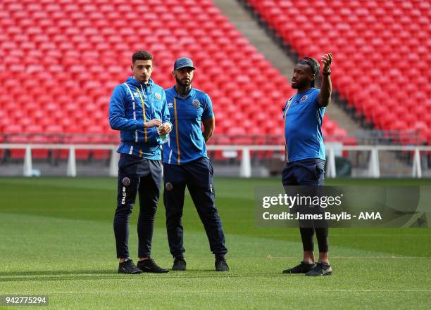 Ben Godfrey, Stefan Payne and Lenell John-Lewis of Shrewsbury Town during a tour of Wembley prior to the EFL Checkatrade Trophy final at Wembley...