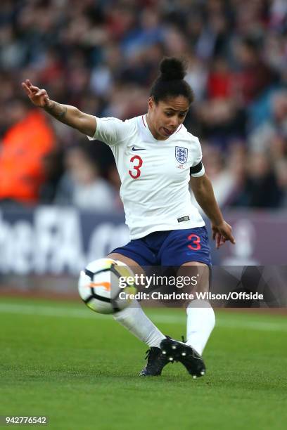 Demi Stokes of England during the Womens World Cup Qualifier between England and Wales Women at St Mary's Stadium on April 6, 2018 in Southampton,...