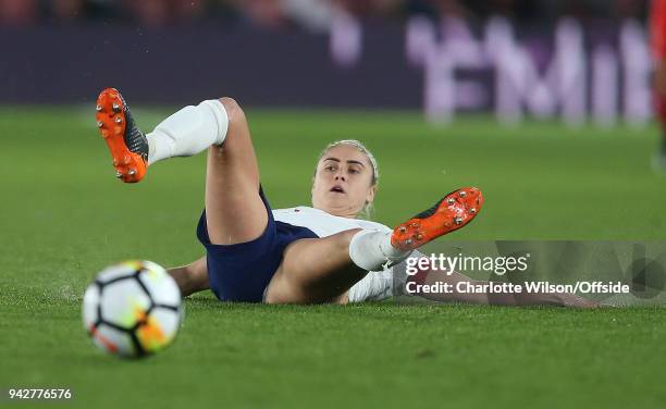 Steph Houghton of England slides along the ground during the Womens World Cup Qualifier between England and Wales Women at St Mary's Stadium on April...