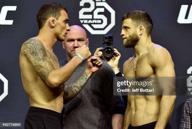 Renato Moicano of Brazil and Calvin Kattar face off during the UFC 223 weigh-in inside Barclays Center on April 6, 2018 in Brooklyn, New York.