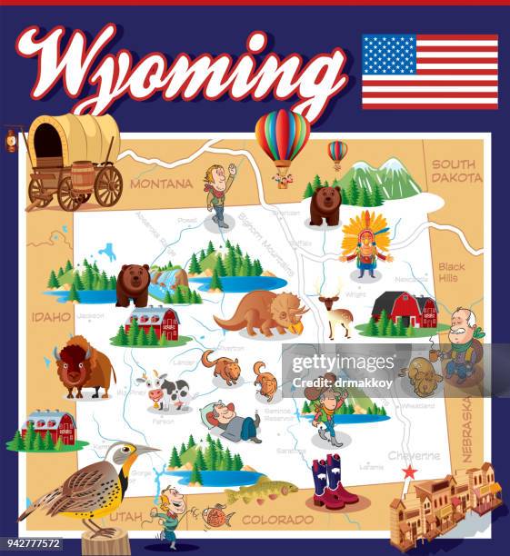 ilustraciones, imágenes clip art, dibujos animados e iconos de stock de mapa de la historieta de wyoming - wyoming