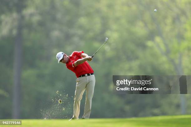 Zach Johnson of the United States plays a shot on the 14th hole during the second round of the 2018 Masters Tournament at Augusta National Golf Club...