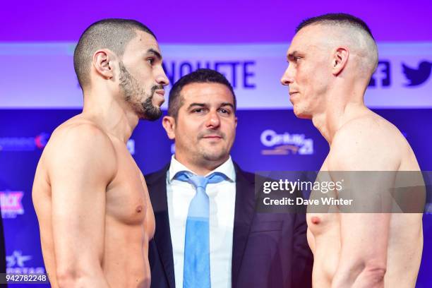 Farrhad Saad of France , French promoter Jerome Abiteboul and Jeremy Bougamont of France during the press conference and weigh in on April 6, 2018 in...