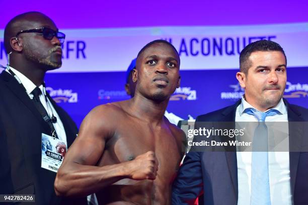 Souleymane Cissokho of France and French promoter Jerome Abiteboul during the press conference and weigh in on April 6, 2018 in Paris, France.