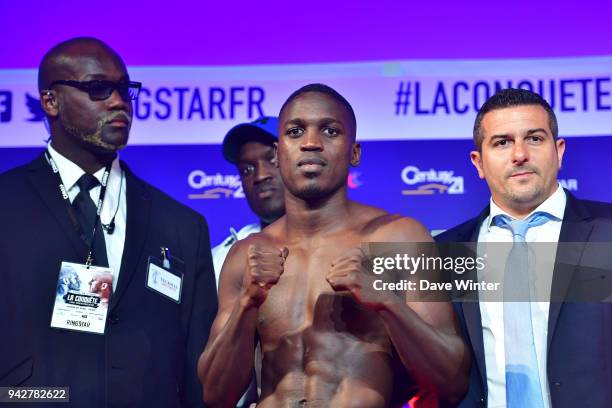 Souleymane Cissokho of France with promoter Jerome Abiteboul on the right during the press conference and weigh in on April 6, 2018 in Paris, France.