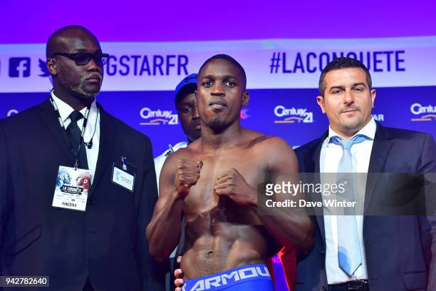 Souleymane Cissokho of France and French promoter Jerome Abiteboul during the press conference and weigh in on April 6, 2018 in Paris, France.
