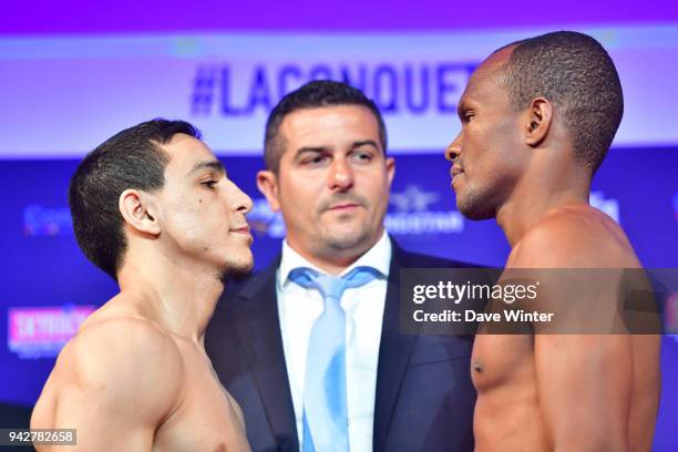 Nordine Oubaali of France , French promoter Jerome Abiteboul and Luis Melendzez of Colombia during the press conference and weigh in on April 6, 2018...