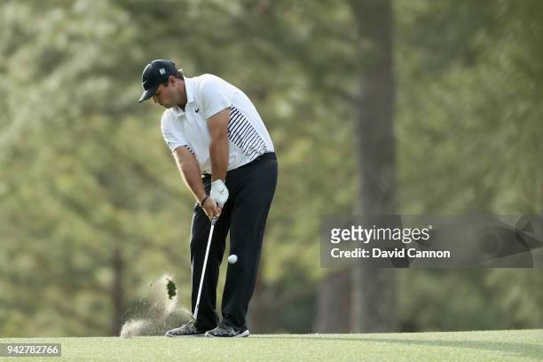 Patrick Reed of the United States plays his second shot on the 14th hole during the second round of the 2018 Masters Tournament at Augusta National...
