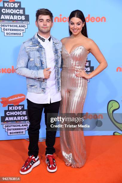 Actor Jack Griffo and US actress Kira Kosarin during the Nickelodeon Kids Choice Awards on April 6, 2018 in Rust, Germany.