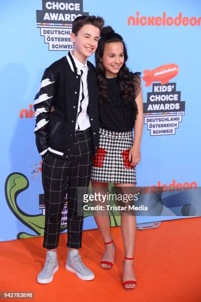Dutch actor Daan Creyghton and dutch actress Kyra Smith during the Nickelodeon Kids Choice Awards on April 6, 2018 in Rust, Germany.