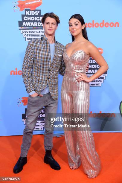 Actor Jace Norman and US actress Kira Kosarin during the Nickelodeon Kids Choice Awards on April 6, 2018 in Rust, Germany.