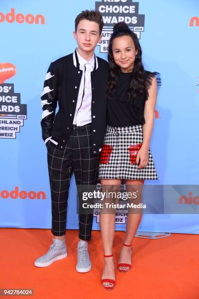 Dutch actor Daan Creyghton and dutch actress Kyra Smith during the Nickelodeon Kids Choice Awards on April 6, 2018 in Rust, Germany.