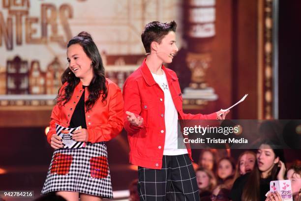 Dutch actor Daan Creyghton and dutch actress Kyra Smith during the Nickelodeon Kids Choice Awards on April 6, 2018 in Rust, Germany.