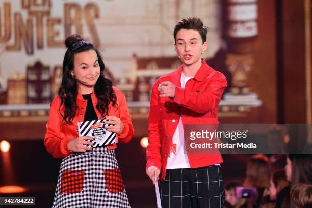 Dutch actor Daan Creyghton and dutch actress Kyra Smith during the Nickelodeon Kids Choice Awards on April 6, 2018 in Rust, Germany.