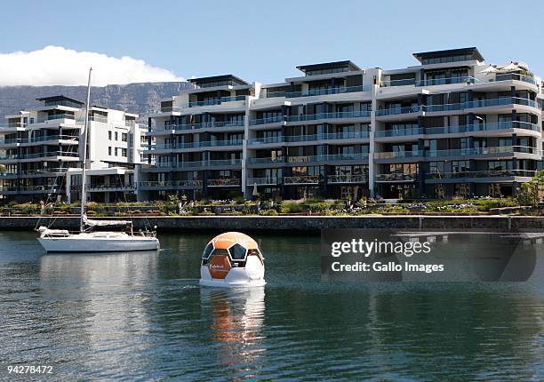 The Orange Whisper Soccer Ball Boat is revealed at the V&A Waterfront in Cape Town on December 10, 2009 in Cape Town, South Africa. The oversized...