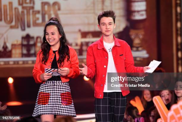 Dutch actor Daan Creyghton and dutch actress Kyra Smith during the Nickelodeon Kids Choice Awards on April 6, 2018 in Rust, Germany.