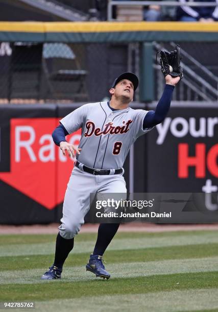 Mikie Mahtook of the Detroit Tigers makes a catch against the Chicago White Sox during the Opening Day home game at Guaranteed Rate Field on April 5,...