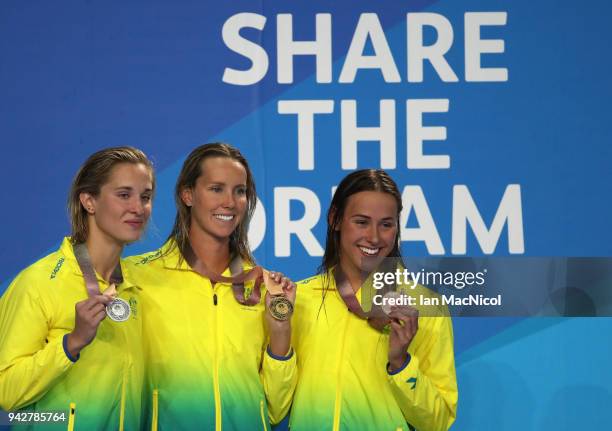 Emma McKeon, Madeline Groves and Brianna Throssell pose with their medals following the Women's 100m Butterfly Final on day two of the Gold Coast...