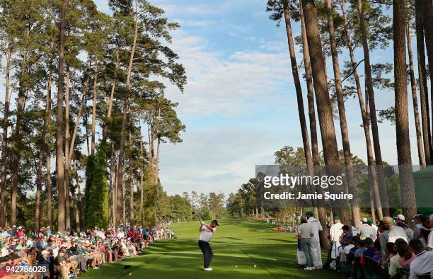Marc Leishman of Australia plays his shot from the 17th tee during the second round of the 2018 Masters Tournament at Augusta National Golf Club on...