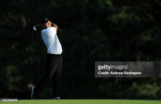 Patrick Reed of the United States plays his second shot on the 15th hole during the second round of the 2018 Masters Tournament at Augusta National...