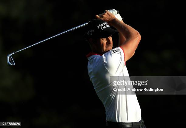 Henrik Stenson of Sweden plays his second shot on the on the 15th hole during the second round of the 2018 Masters Tournament at Augusta National...