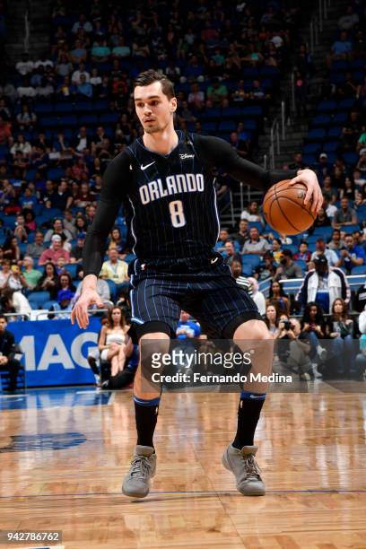 Mario Hezonja of the Orlando Magic handles the ball against the Charlotte Hornets on April 6, 2018 at Amway Center in Orlando, Florida. NOTE TO USER:...