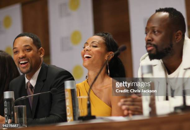 Actor Will Smith his wife Jada Pinkett Smith and Wyclef Jean attend a press conference for the Nobel Peace Prize Concert at the Radisson Hotel on...