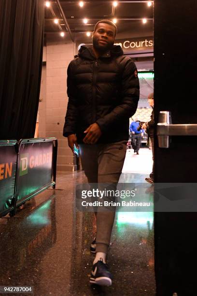 Kadeem Allen of the Boston Celtics arrives before the game against the Chicago Bulls on April 6, 2018 at the TD Garden in Boston, Massachusetts. NOTE...