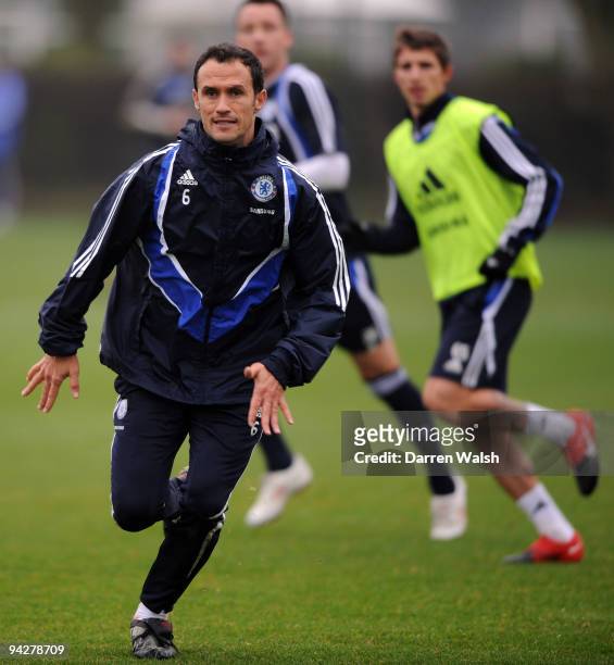 Ricardo Carvalho of Chelsea in action during a training session at the Cobham training ground on December 11, 2009 in Cobham, England.