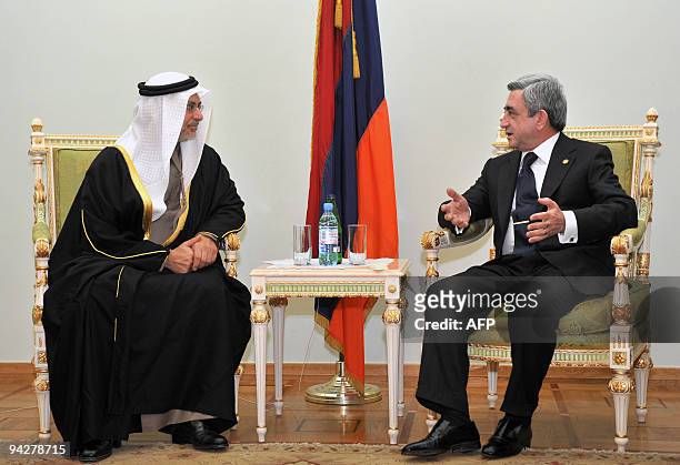 Armenian President Serzh Sarkisian gestures while speaking with Minister of state for Foreign Affairs of the United Arab Emirates Anwar Mohamed...