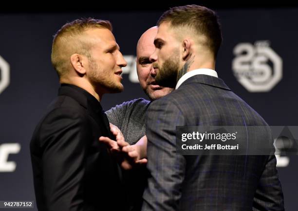 Opponents TJ Dillashaw and Cody Garbrandt face off during the UFC press conference inside Barclays Center on April 6, 2018 in Brooklyn, New York.