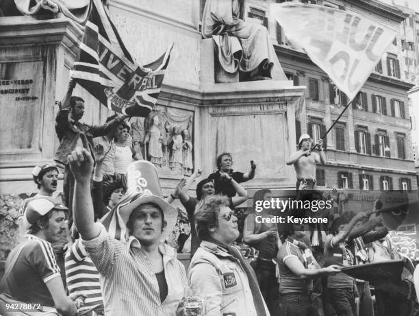 Liverpool fans in Rome to watch their team play Borussia Monchengladbach in the European Cup final, 25th May 1977. Liverpool later won the match 3-1.