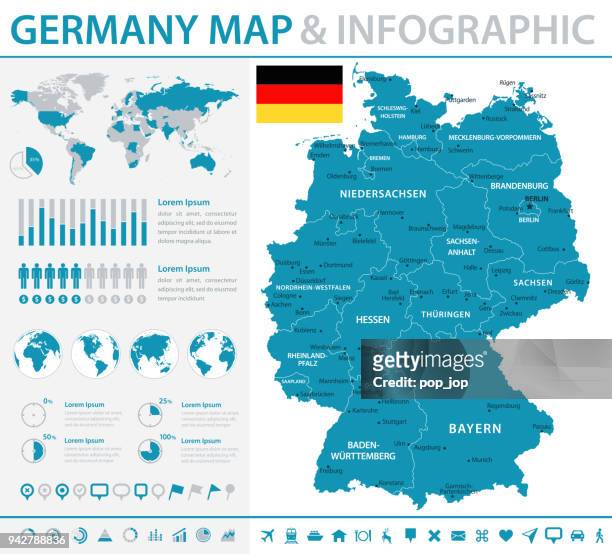 ilustraciones, imágenes clip art, dibujos animados e iconos de stock de mapa de alemania - infografía vectorial - renania del norte westfalia