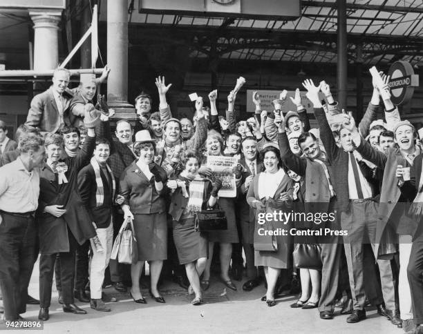 Liverpool fans at Euston Station, London, 1st May 1965. They are on their way to see their team play Leeds United in the FA Cup final at Wembley. A...