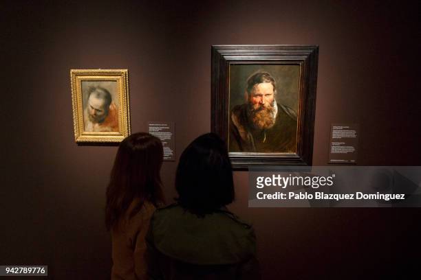 Women look at 'Head of Bearded Man Looking to Lower Left ', 1579-82, by Italian painter Federico Barocci and 'Head of a Bearded Man' by Flemish...