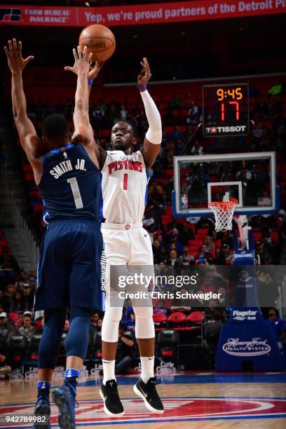 Reggie Jackson of the Detroit Pistons shoots the ball against the Dallas Mavericks on April 6, 2018 at Little Caesars Arena in Detroit, Michigan....