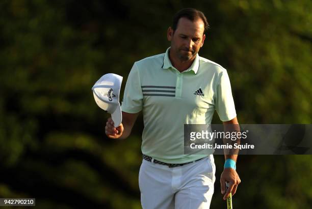 Sergio Garcia of Spain acknowledges the crowd on the 18th hole during the second round of the 2018 Masters Tournament at Augusta National Golf Club...